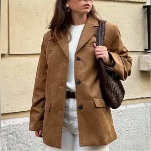 H&M NWT cognac chestnut tan brown faux suede blazer jacket coat
